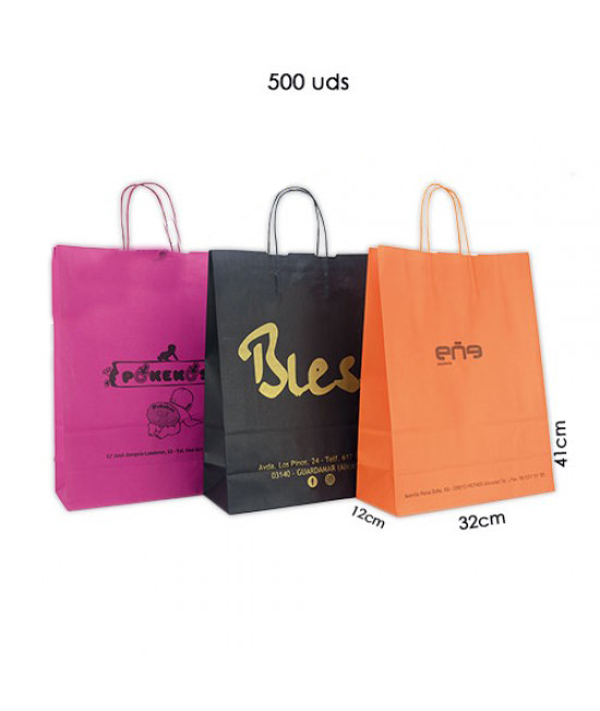 Modales esencia Bienvenido Bolsas de papel personalizadas (500 uds) Pack al mejor precio medida  32+12x41 cm